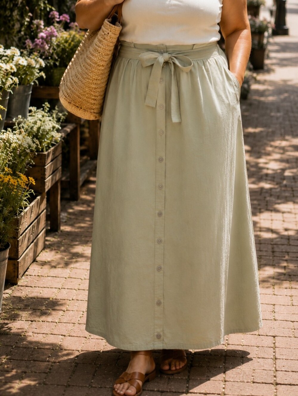 Vintage Tabi Sage Green Cotton Maxi Skirt Button Front Self-Tie Waist